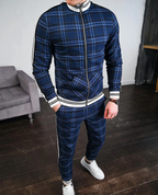 Men's tracksuit set plaid pattern slim fit jacket and pants, casual sportswear