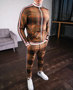 Men's tracksuit set plaid pattern slim fit jacket and pants, casual sportswear