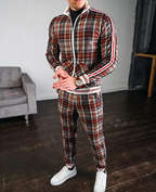 Men's tracksuit set plaid pattern slim fit jacket and pants, casual sportswear