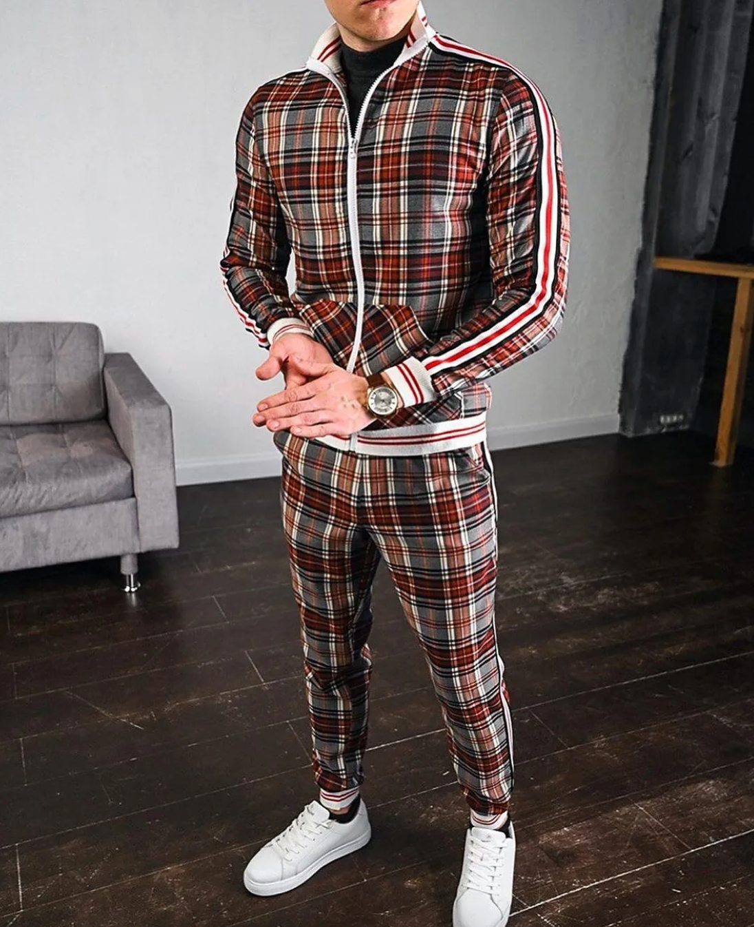 Men's tracksuit set plaid pattern slim fit jacket and pants, casual sportswear