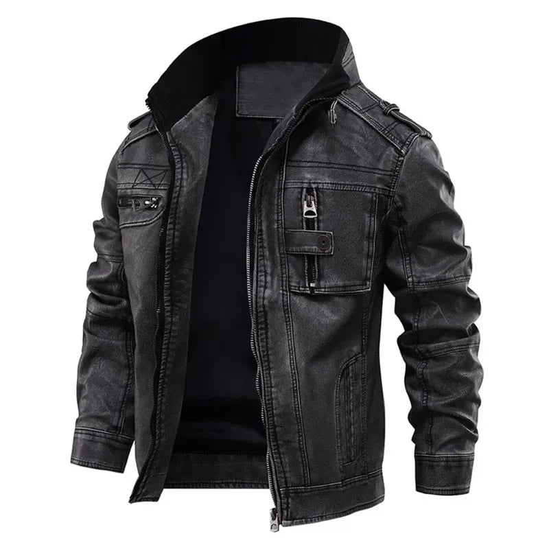 Men PU leather bomber jacket black classic silhouette
