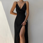 Women's maxi evening dress with cross neckline and side slit, slim formal gown