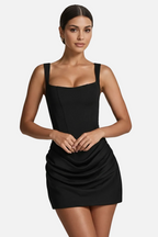 Women mini dress with square neckline ruched draped hem fitted silhouette