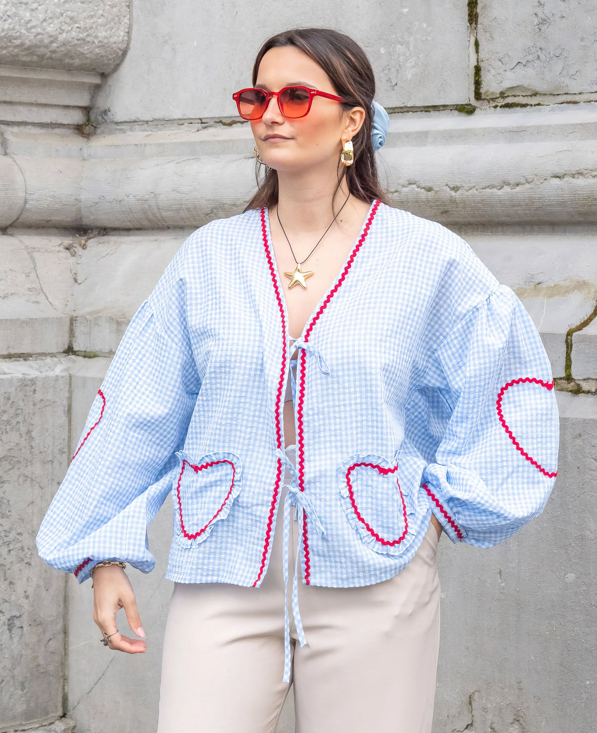 Women's heart blouse gingham ruffle tie-front romantic top