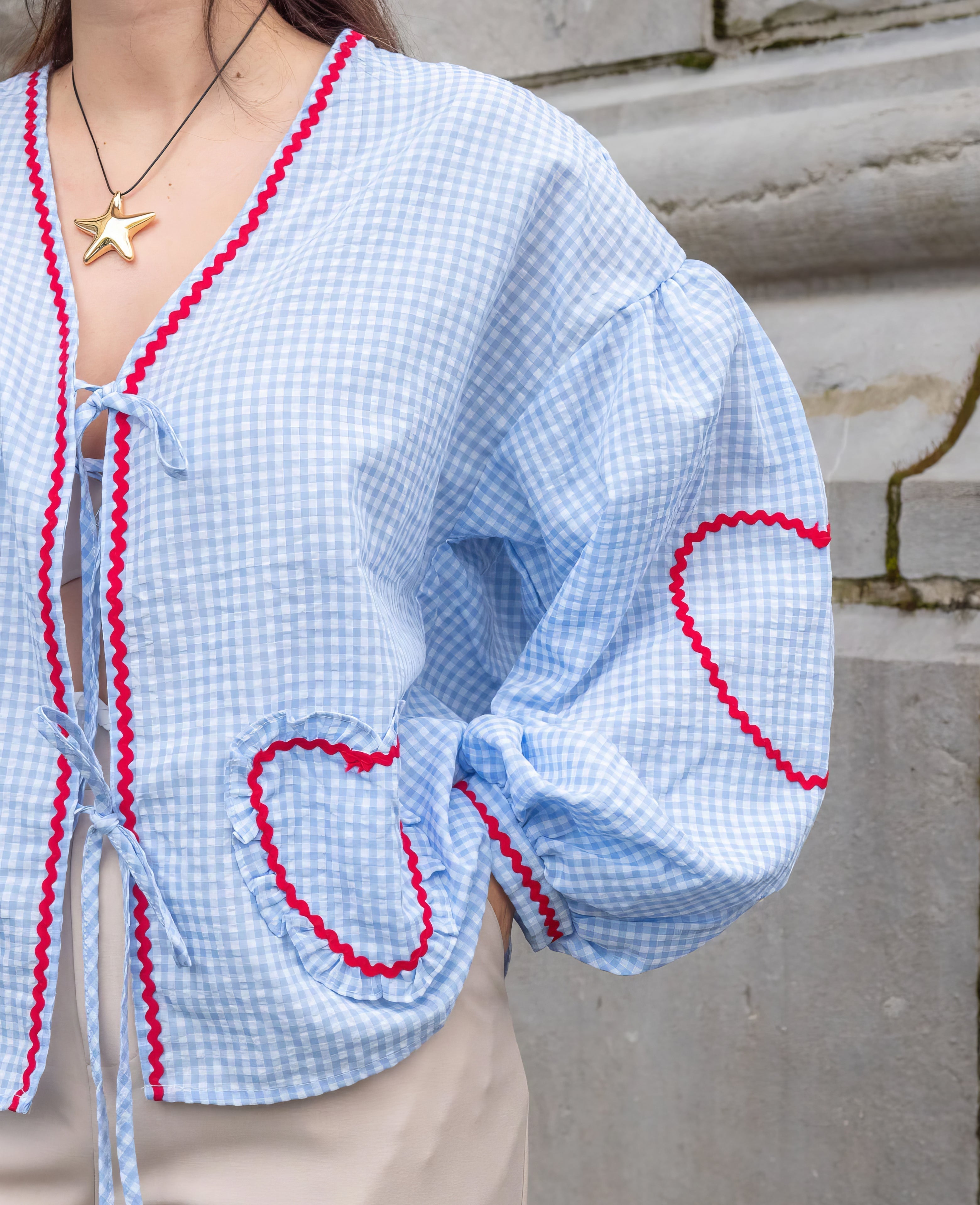 Women's heart blouse gingham ruffle tie-front romantic top