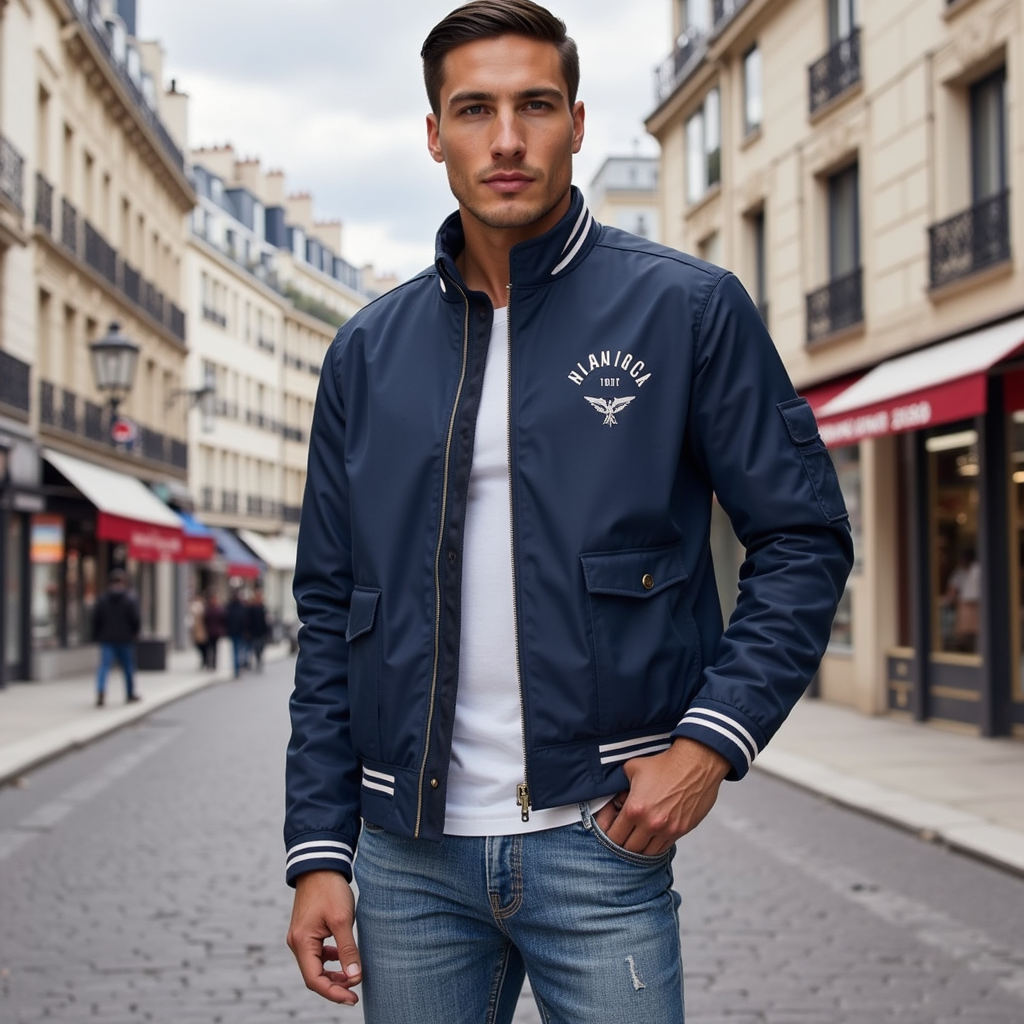 Men bomber jacket lightweight zip up slim fit with ribbed cuffs