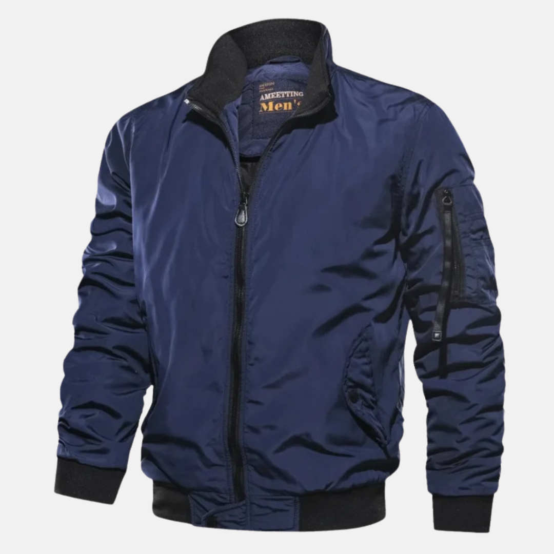 Men bomber jacket zip up windproof with ribbed cuffs and stand collar