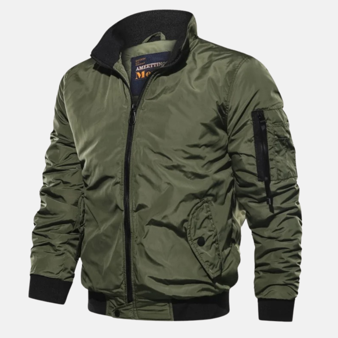 Men bomber jacket zip up windproof with ribbed cuffs and stand collar