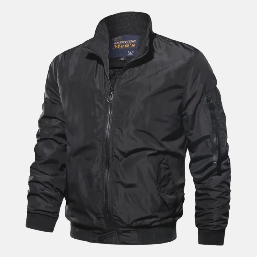 Men bomber jacket zip up windproof with ribbed cuffs and stand collar