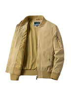 Men's lightweight windproof zip-up bomber jacket in khaki, army green, black and navy