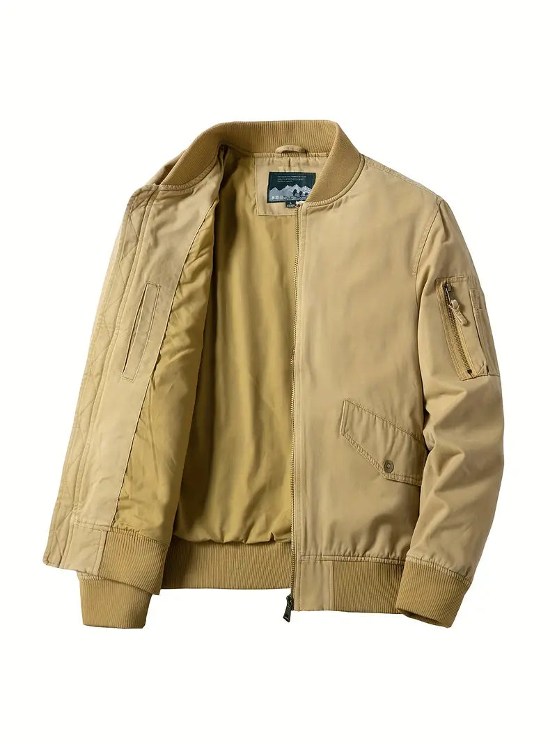 Men's lightweight windproof zip-up bomber jacket in khaki, army green, black and navy