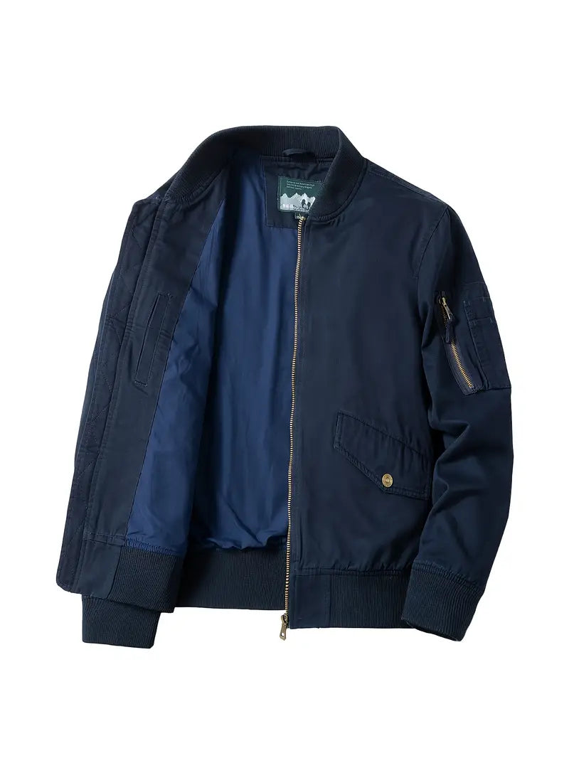 Men's lightweight windproof zip-up bomber jacket in khaki, army green, black and navy