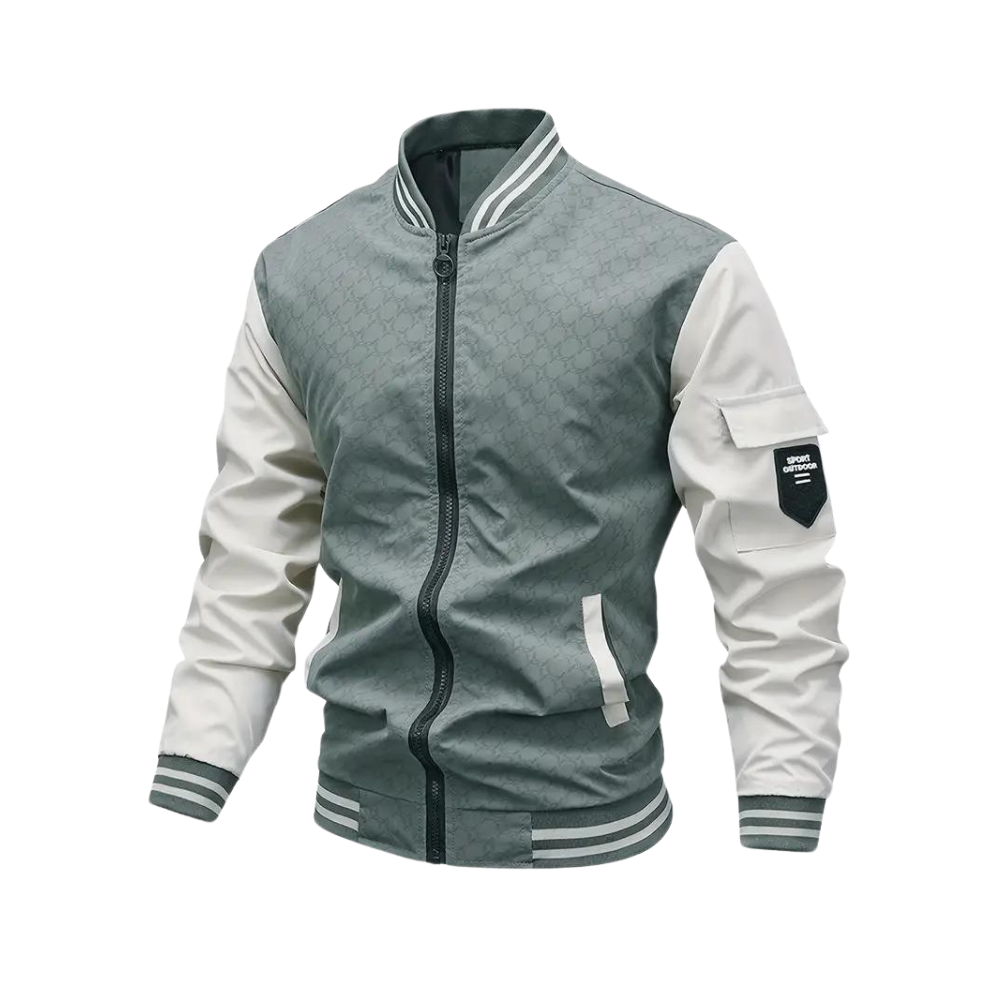 Men bomber jacket zip up in beige black and green lightweight casual