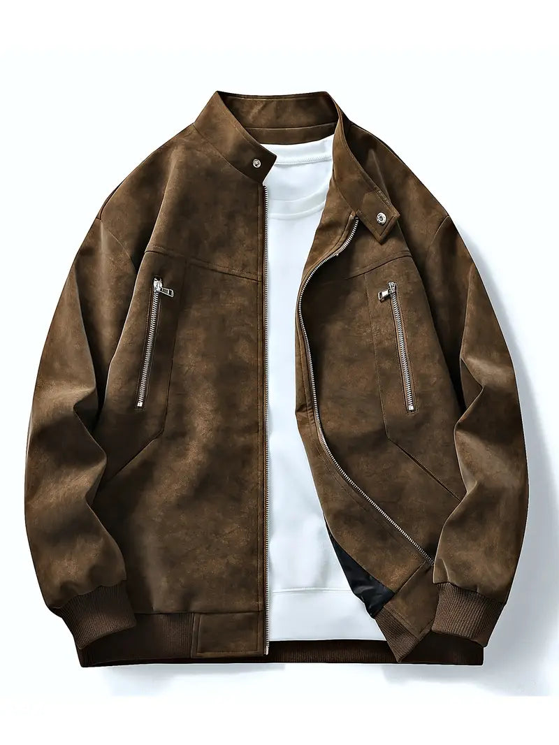 Men's bomber jacket full zip relaxed fit fall jacket in brown, black and grey