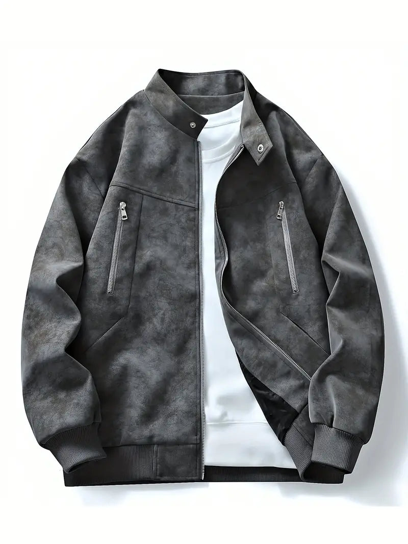 Men's bomber jacket full zip relaxed fit fall jacket in brown, black and grey
