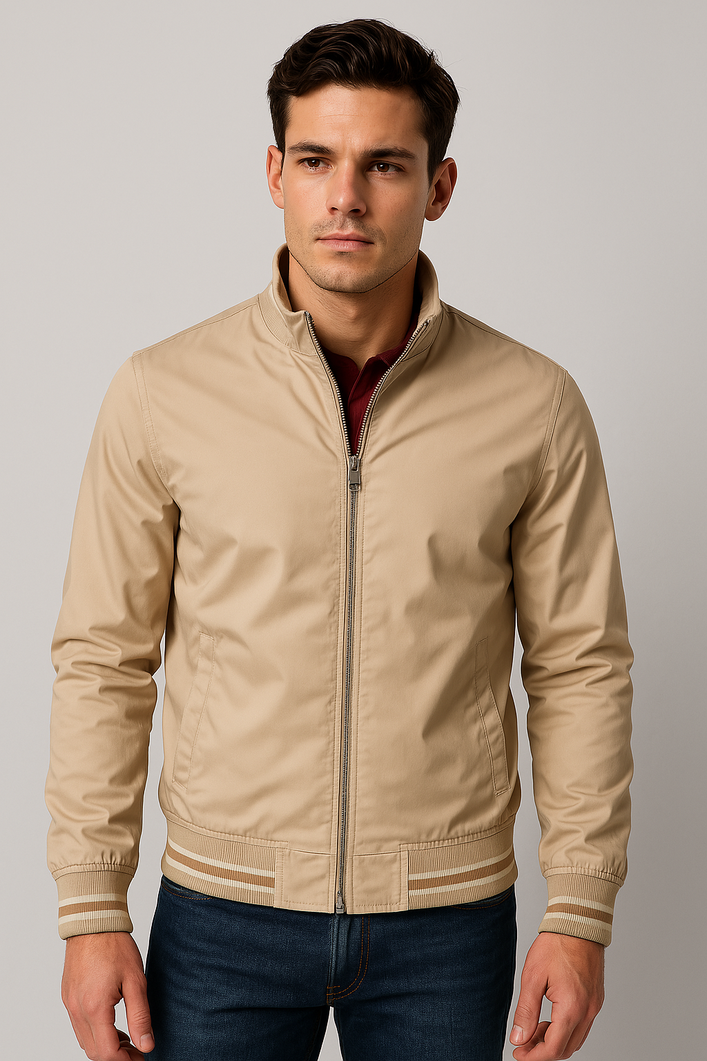 Men's bomber jacket slim fit full zip in black, autumn outerwear