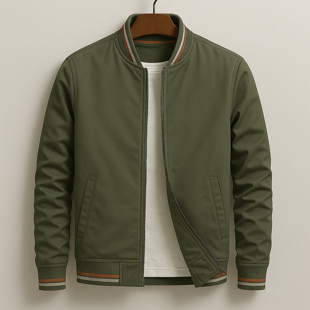 Men's bomber jacket full-zip windproof with ribbed trim, transition season outerwear