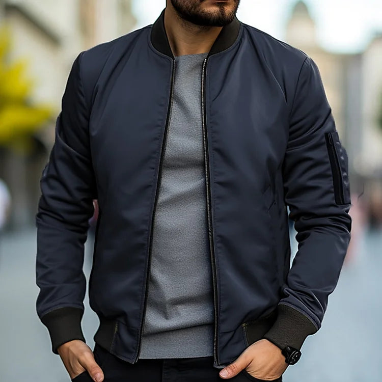 Men slim fit bomber jacket full zip lightweight stand collar