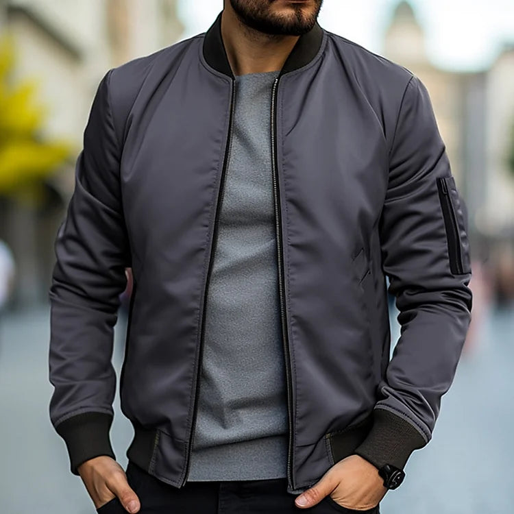 Men slim fit bomber jacket full zip lightweight stand collar