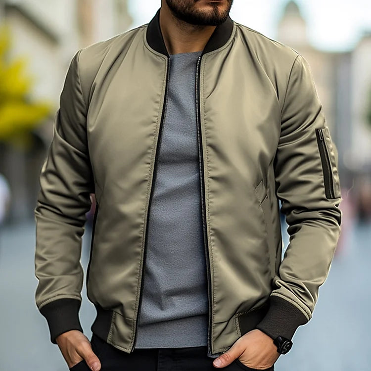 Men slim fit bomber jacket full zip lightweight stand collar