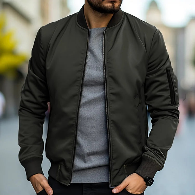 Men slim fit bomber jacket full zip lightweight stand collar
