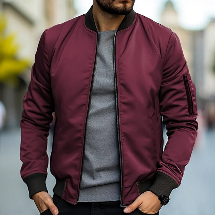 Men slim fit bomber jacket full zip lightweight stand collar