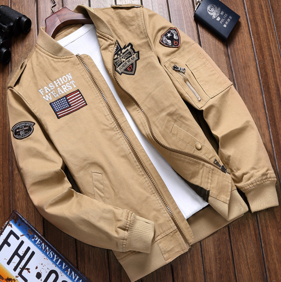Men's bomber jacket zip-up with pockets, pilot style in green, black and beige