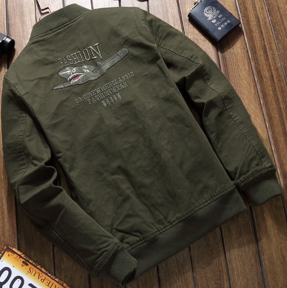 Men's bomber jacket zip-up with pockets, pilot style in green, black and beige