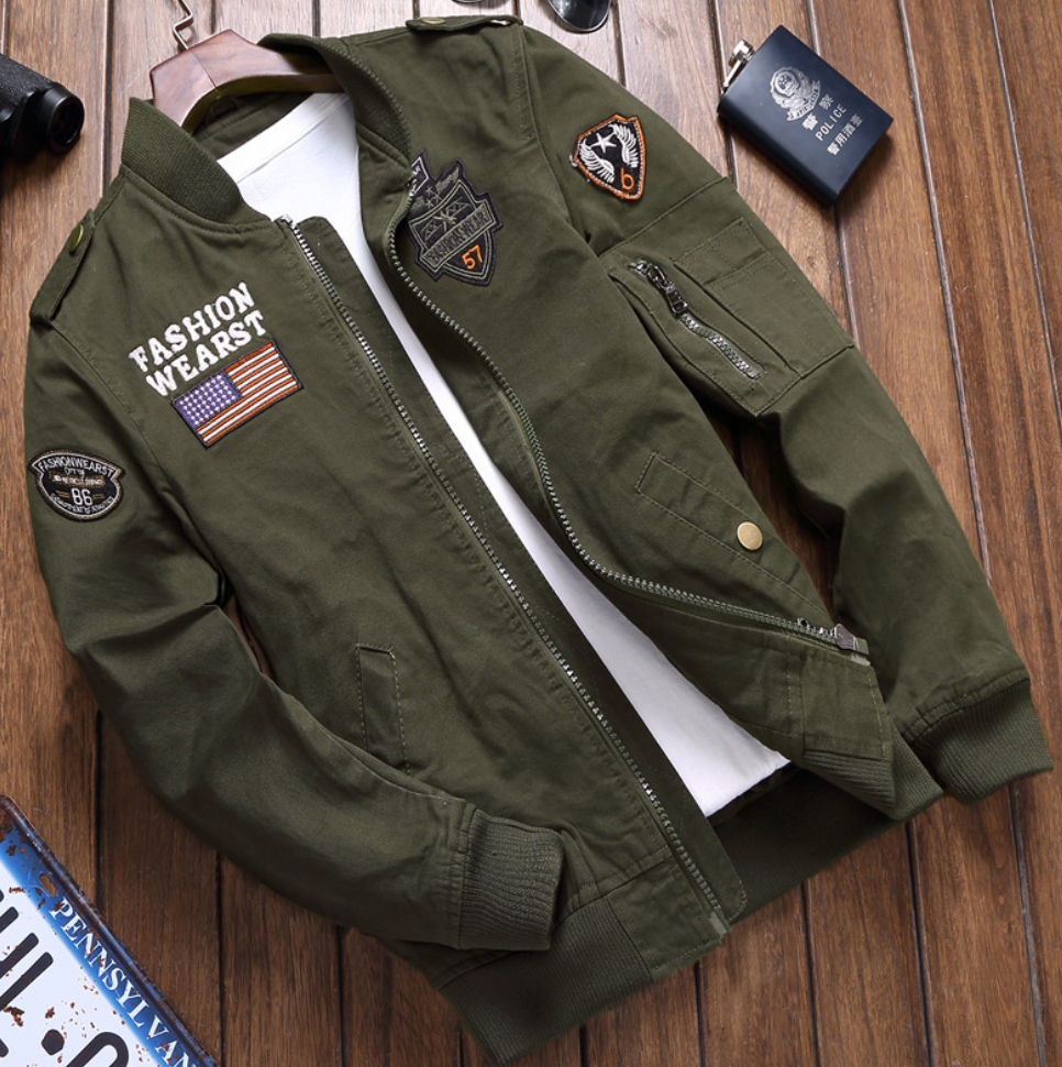 Men's bomber jacket zip-up with pockets, pilot style in green, black and beige