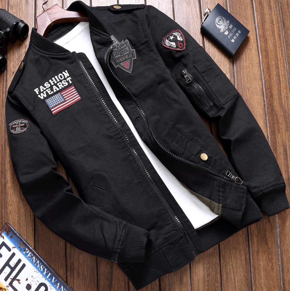 Men's bomber jacket zip-up with pockets, pilot style in green, black and beige