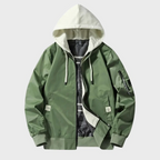 Men's windproof hooded bomber jacket with zip-up closure, available in black and army green