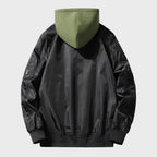 Men's windproof hooded bomber jacket with zip-up closure, available in black and army green