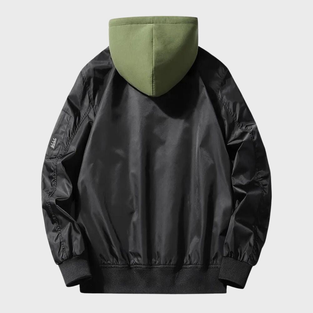 Men's windproof hooded bomber jacket with zip-up closure, available in black and army green