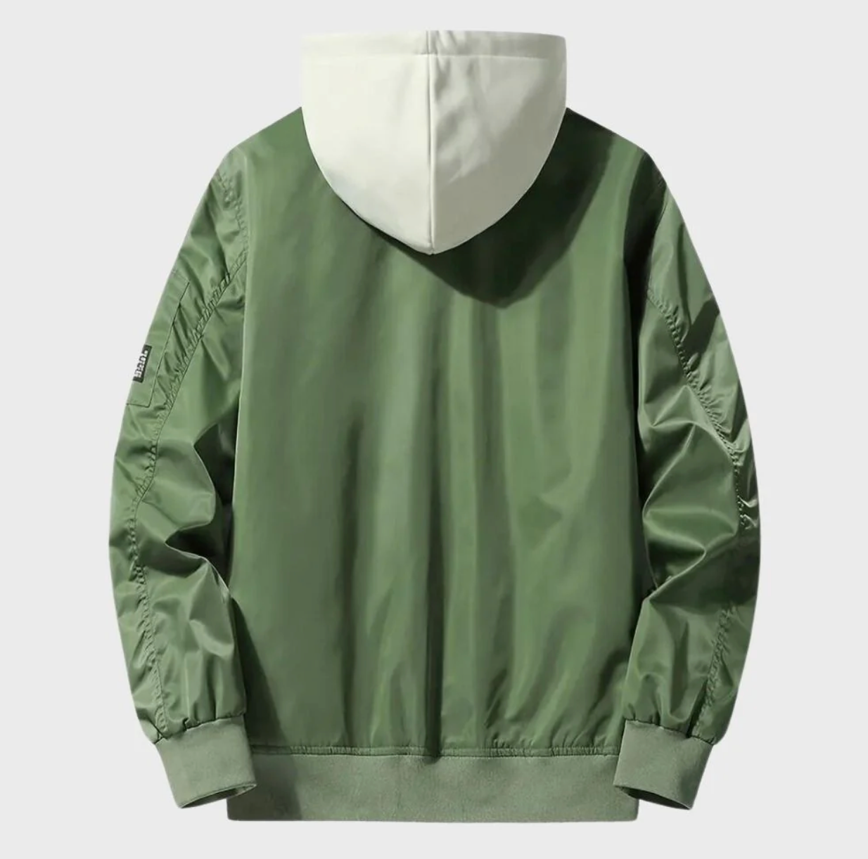 Men's windproof hooded bomber jacket with zip-up closure, available in black and army green