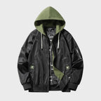Men's windproof hooded bomber jacket with zip-up closure, available in black and army green