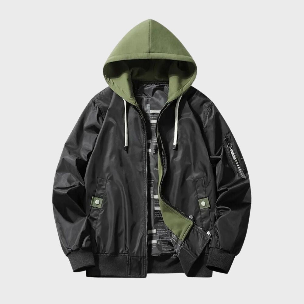 Men's windproof hooded bomber jacket with zip-up closure, available in black and army green