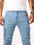 Men's casual denim cargo pants with multi-pocket design, available in Grey, Khaki, Blue and Black