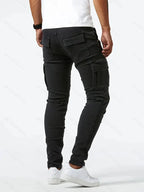 Men's casual denim cargo pants with multi-pocket design, available in Grey, Khaki, Blue and Black