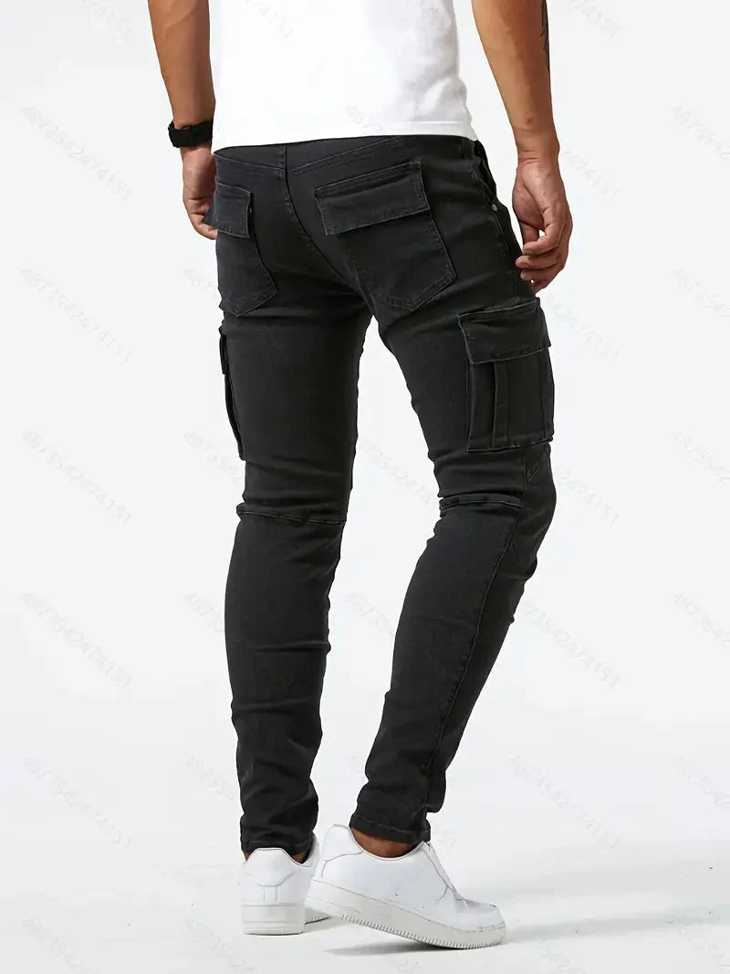 Men's casual denim cargo pants with multi-pocket design, available in Grey, Khaki, Blue and Black