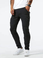 Men's casual denim cargo pants with multi-pocket design, available in Grey, Khaki, Blue and Black