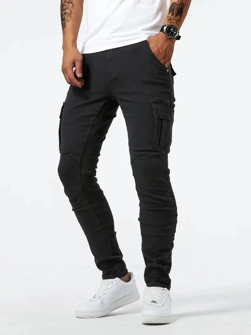 Men's casual denim cargo pants with multi-pocket design, available in Grey, Khaki, Blue and Black
