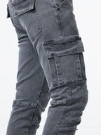 Men's casual denim cargo pants with multi-pocket design, available in Grey, Khaki, Blue and Black