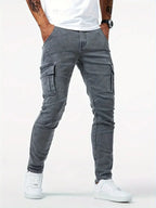 Men's casual denim cargo pants with multi-pocket design, available in Grey, Khaki, Blue and Black