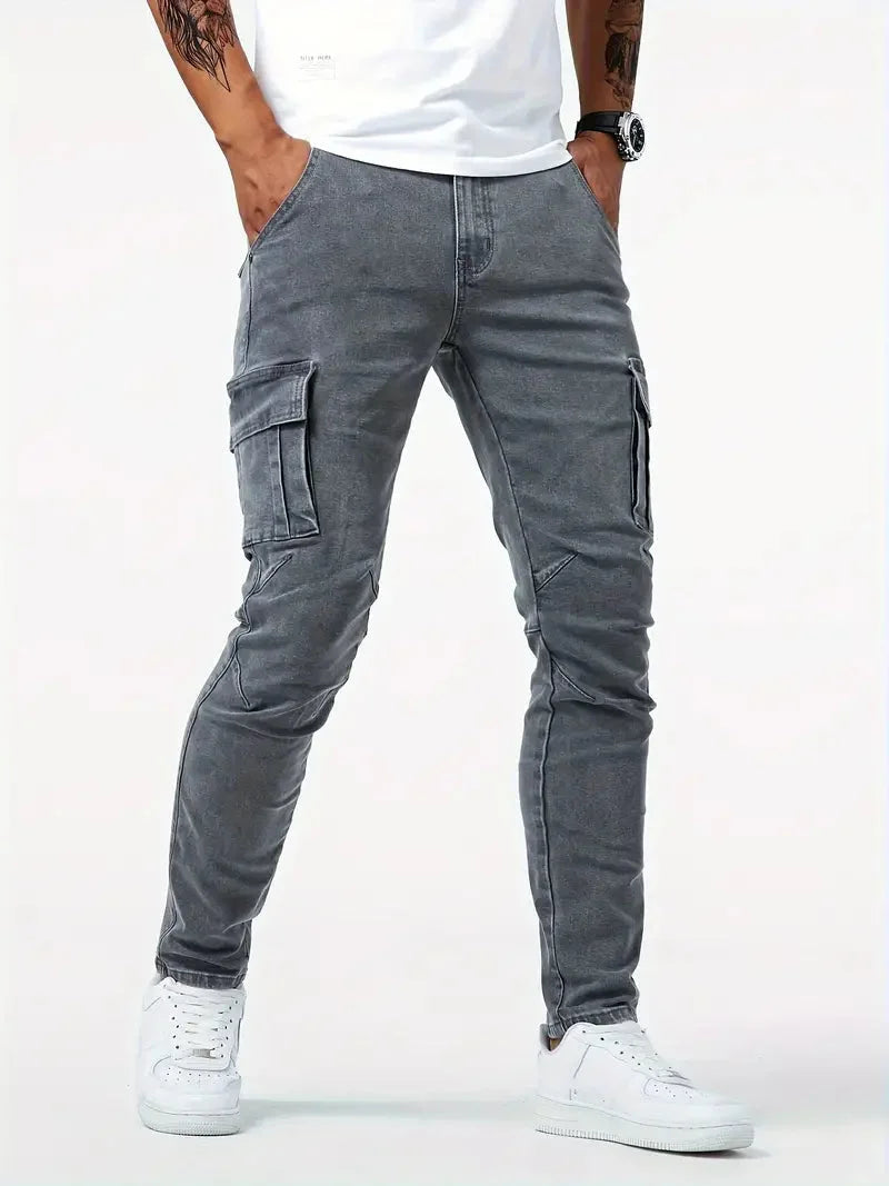 Men's casual denim cargo pants with multi-pocket design, available in Grey, Khaki, Blue and Black