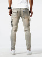 Men's casual denim cargo pants with multi-pocket design, available in Grey, Khaki, Blue and Black