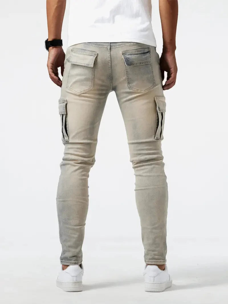 Men's casual denim cargo pants with multi-pocket design, available in Grey, Khaki, Blue and Black
