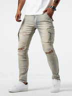 Men's casual denim cargo pants with multi-pocket design, available in Grey, Khaki, Blue and Black