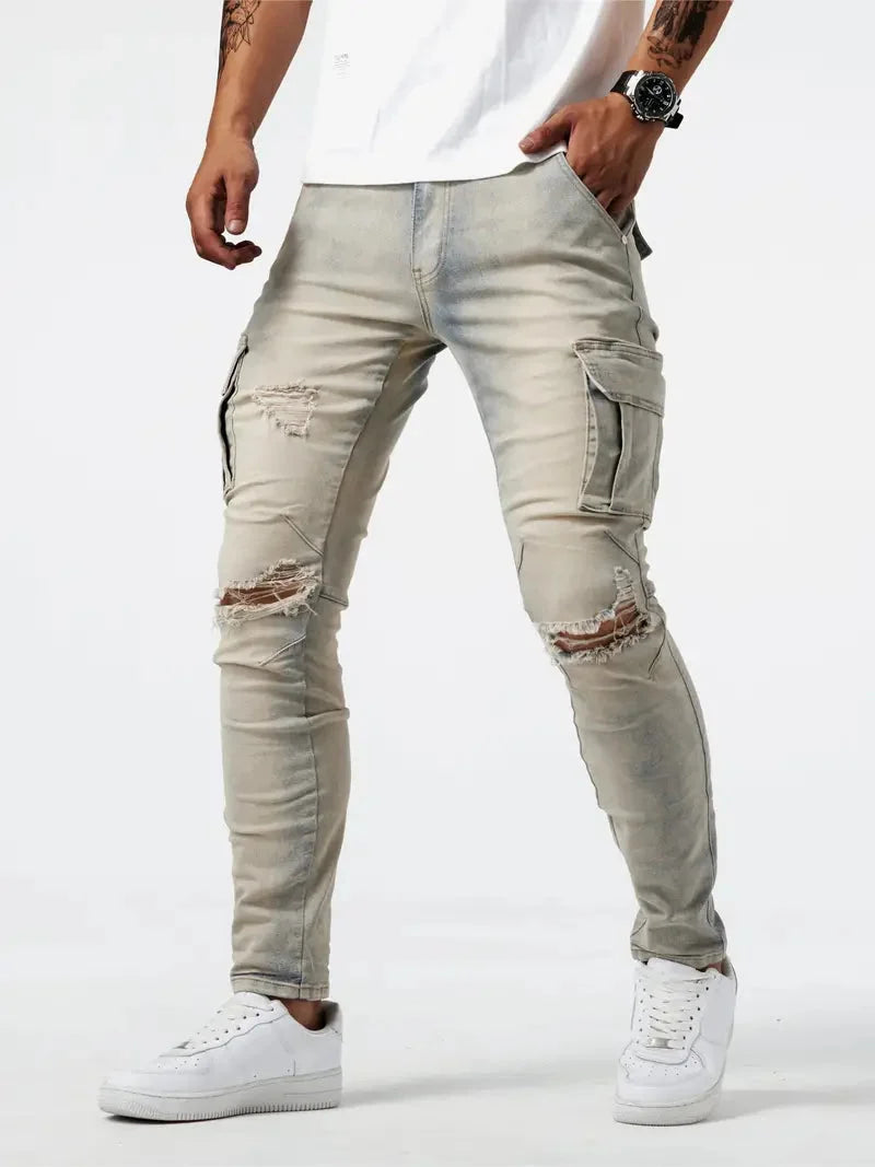 Men's casual denim cargo pants with multi-pocket design, available in Grey, Khaki, Blue and Black