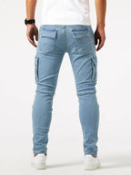Men's casual denim cargo pants with multi-pocket design, available in Grey, Khaki, Blue and Black