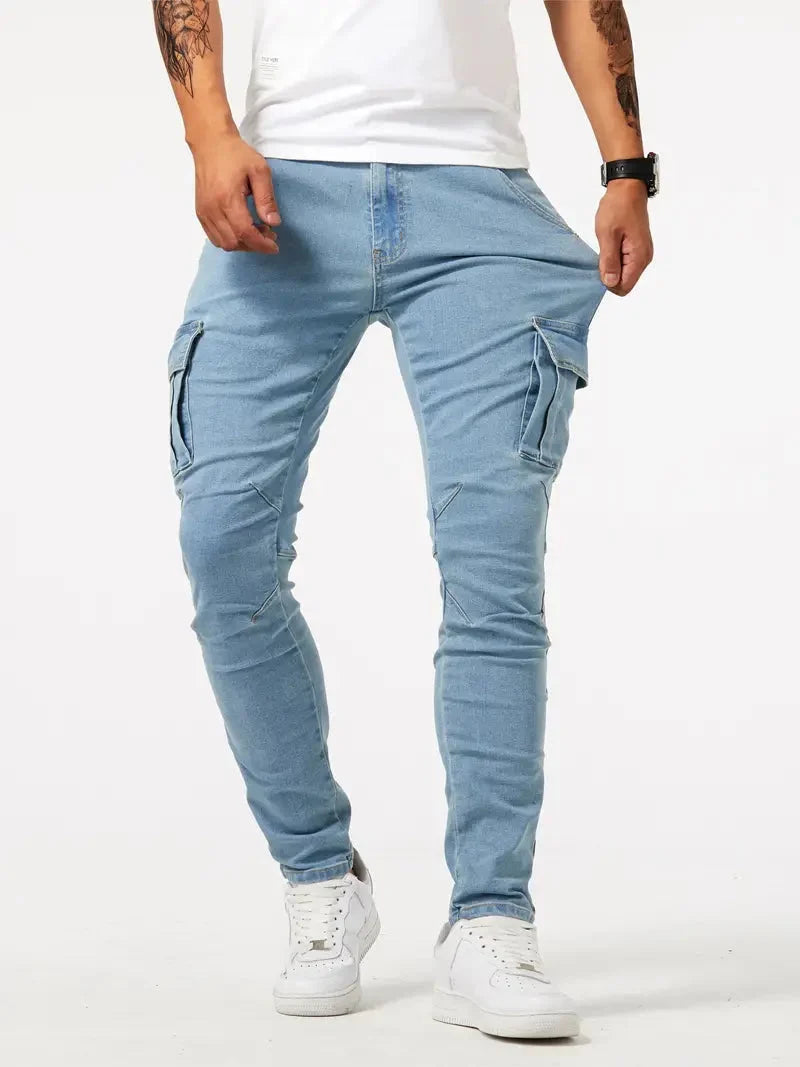 Men's casual denim cargo pants with multi-pocket design, available in Grey, Khaki, Blue and Black